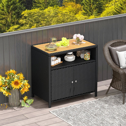 Outdoor PE Rattan Storage Cabinet – Acacia Wood Top, Weather‑Resistant Design with Magnetic Doors