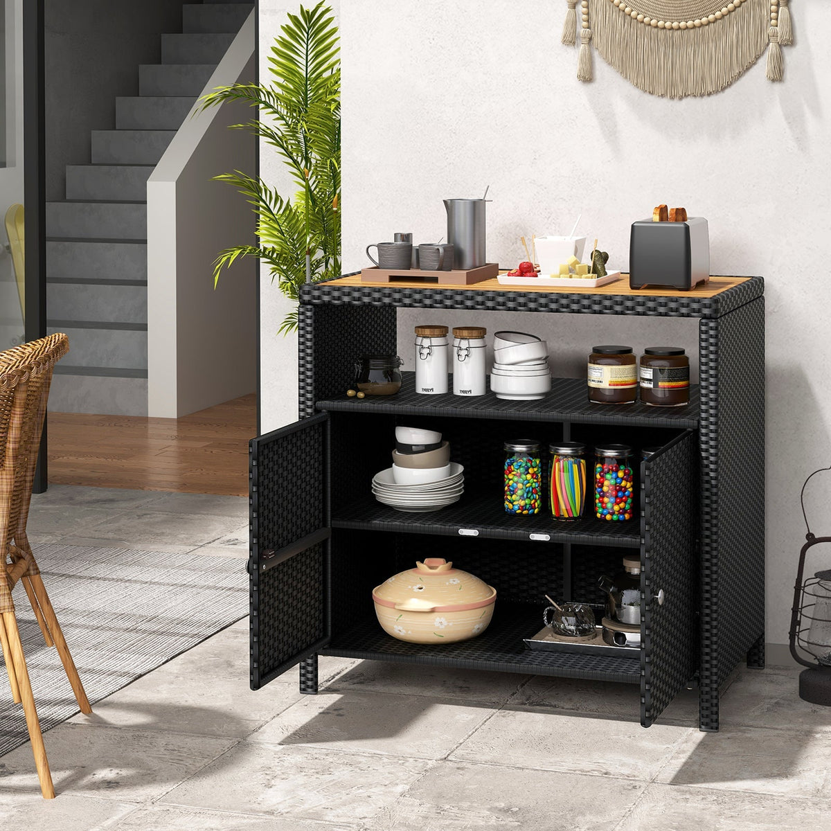 Outdoor PE Rattan Storage Cabinet – Acacia Wood Top, Weather‑Resistant Design with Magnetic Doors