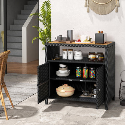 Outdoor PE Rattan Storage Cabinet – Acacia Wood Top, Weather‑Resistant Design with Magnetic Doors