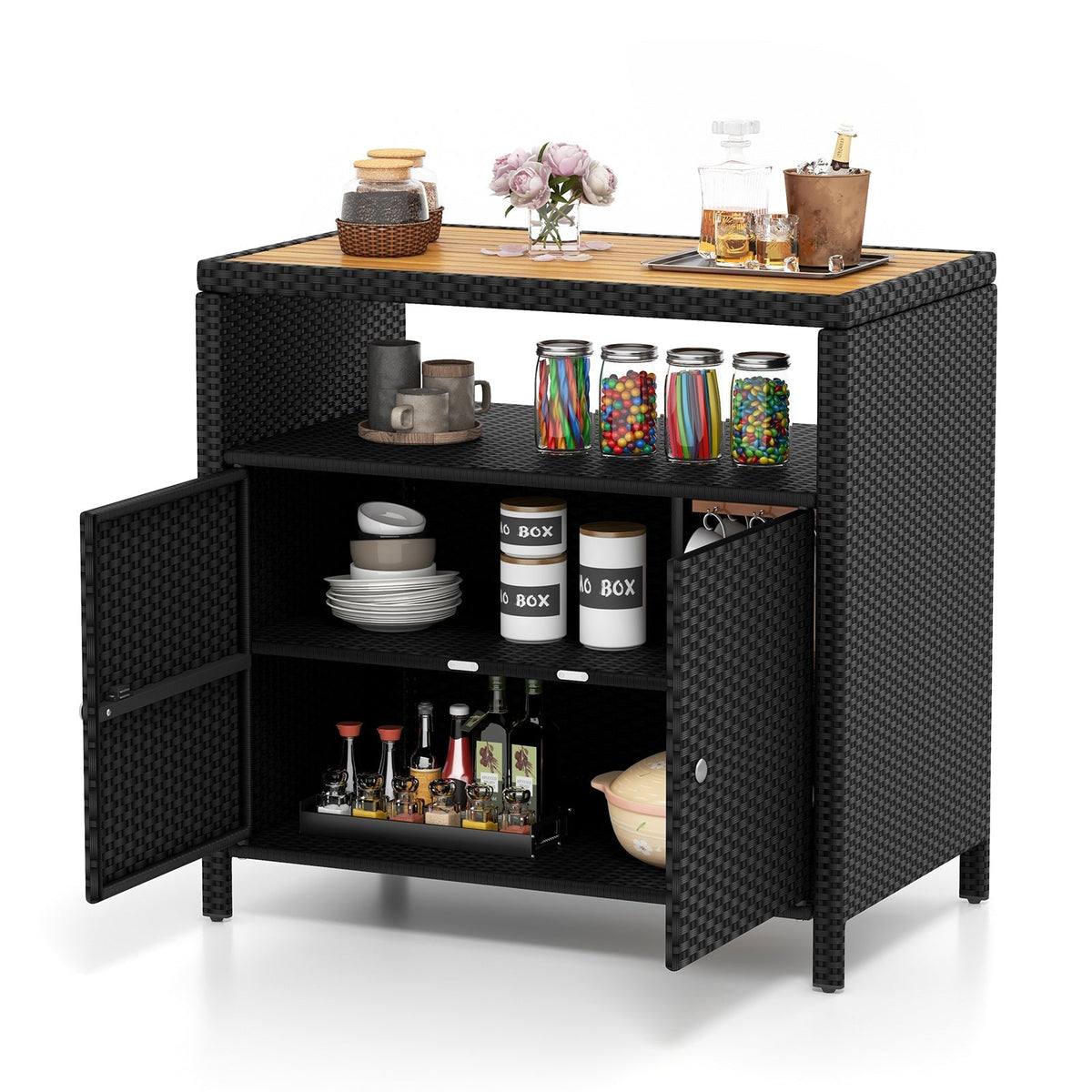 Outdoor PE Rattan Storage Cabinet – Acacia Wood Top, Weather‑Resistant Design with Magnetic Doors