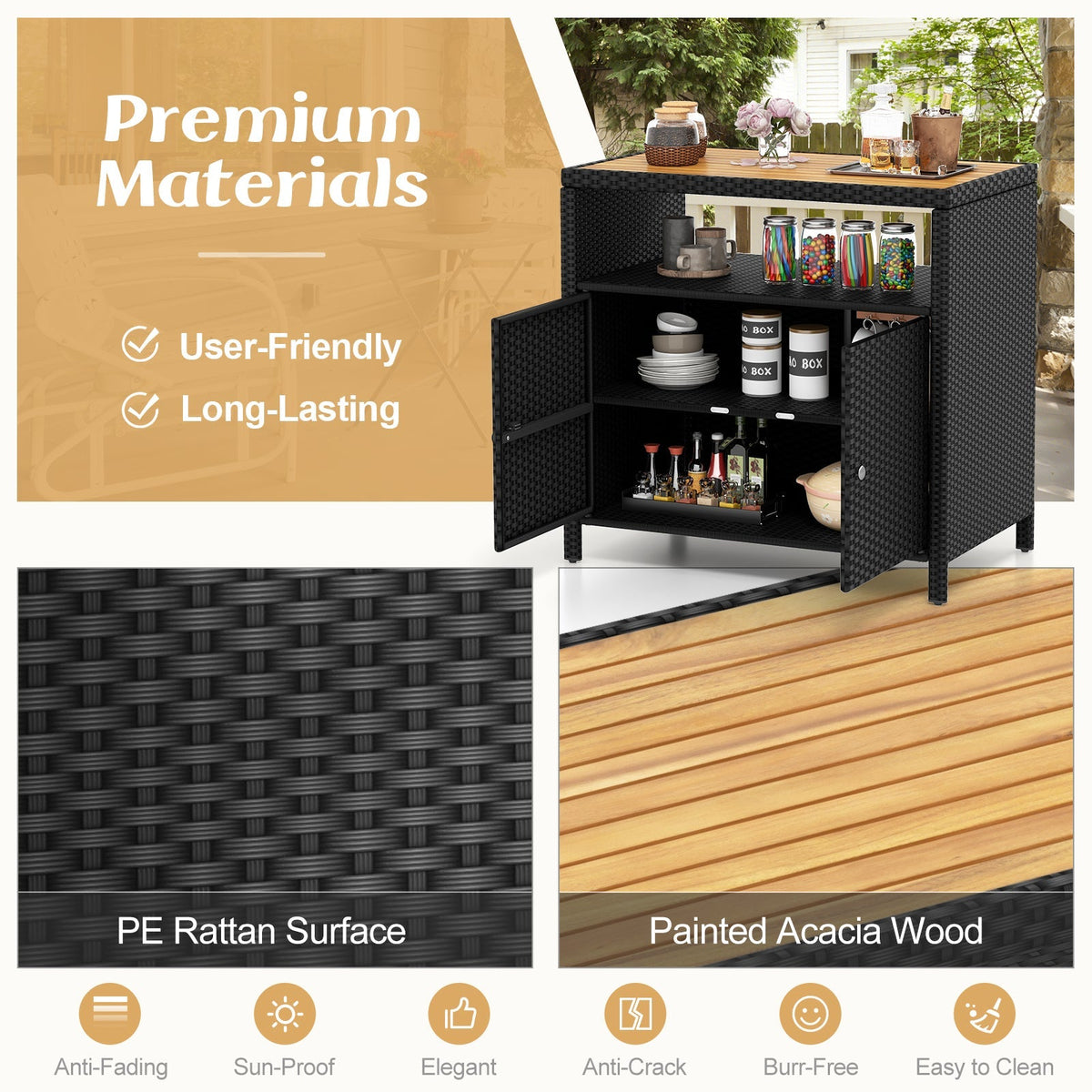 Outdoor PE Rattan Storage Cabinet – Acacia Wood Top, Weather‑Resistant Design with Magnetic Doors