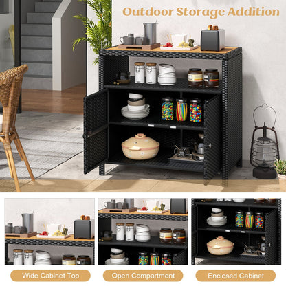 Outdoor PE Rattan Storage Cabinet – Acacia Wood Top, Weather‑Resistant Design with Magnetic Doors