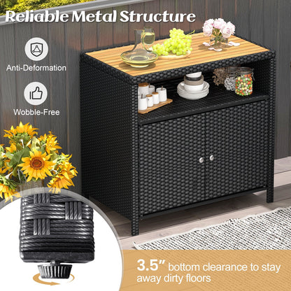 Outdoor PE Rattan Storage Cabinet – Acacia Wood Top, Weather‑Resistant Design with Magnetic Doors
