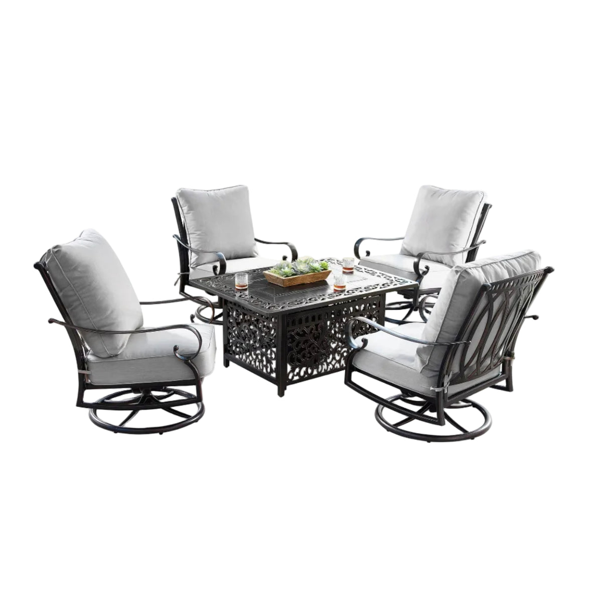 48" Aluminum Rectangular Fire Table Set – Outdoor Fire Table with 4 Deep Seating Swivel Rocking Chairs