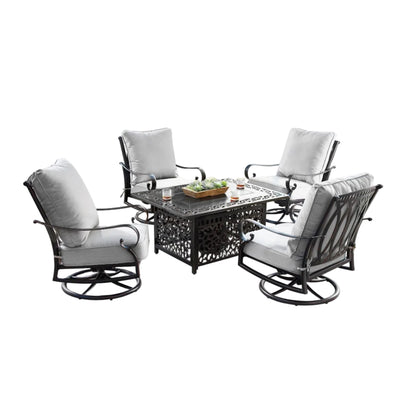 48" Aluminum Rectangular Fire Table Set – Outdoor Fire Table with 4 Deep Seating Swivel Rocking Chairs