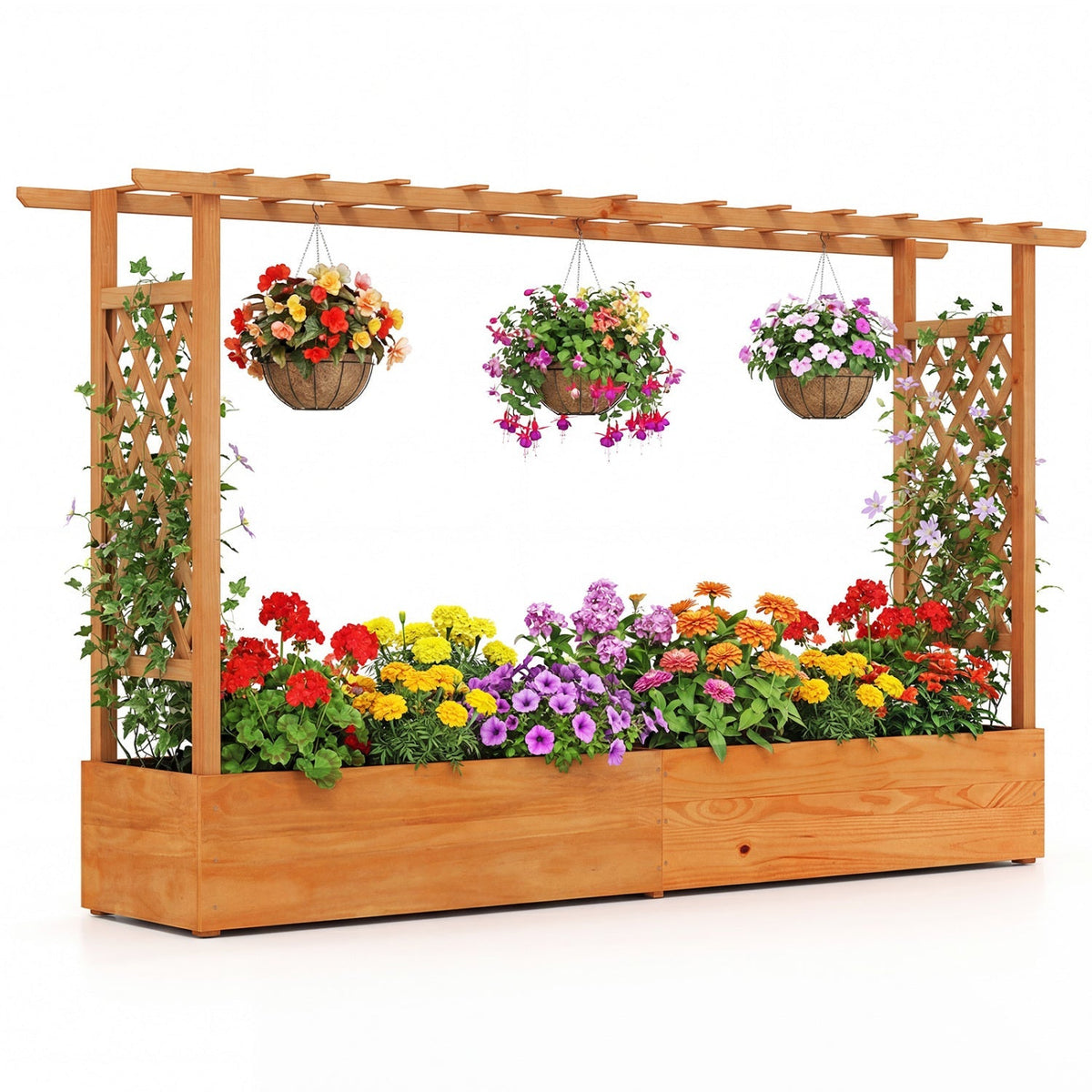 Wooden Raised Garden Bed with Trellis & Hanging Roof – Pine Wood Planter Box