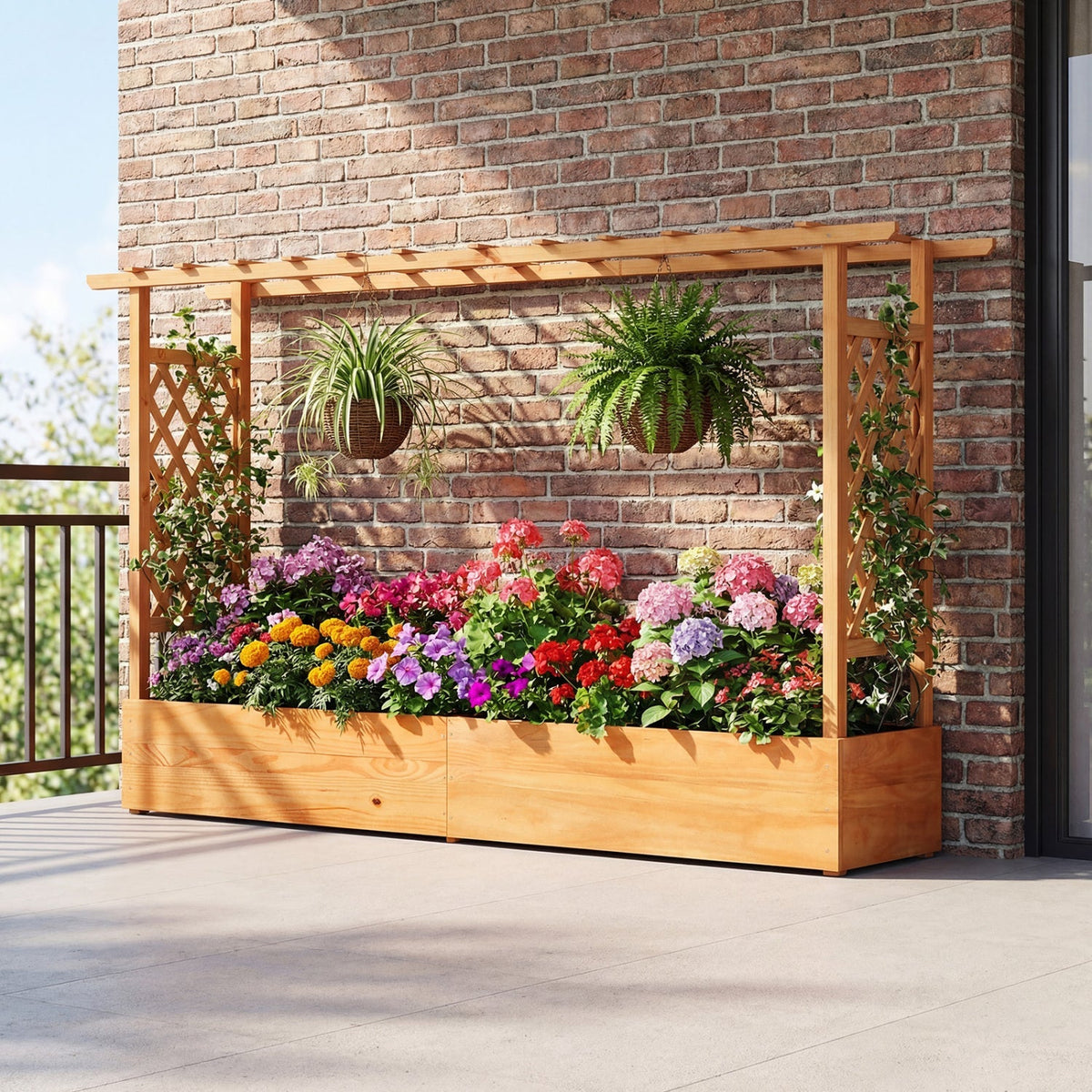 Wooden Raised Garden Bed with Trellis & Hanging Roof – Pine Wood Planter Box