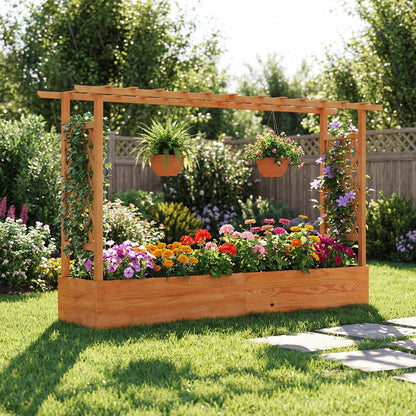 Wooden Raised Garden Bed with Trellis & Hanging Roof – Pine Wood Planter Box
