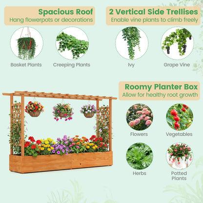 Wooden Raised Garden Bed with Trellis & Hanging Roof – Pine Wood Planter Box