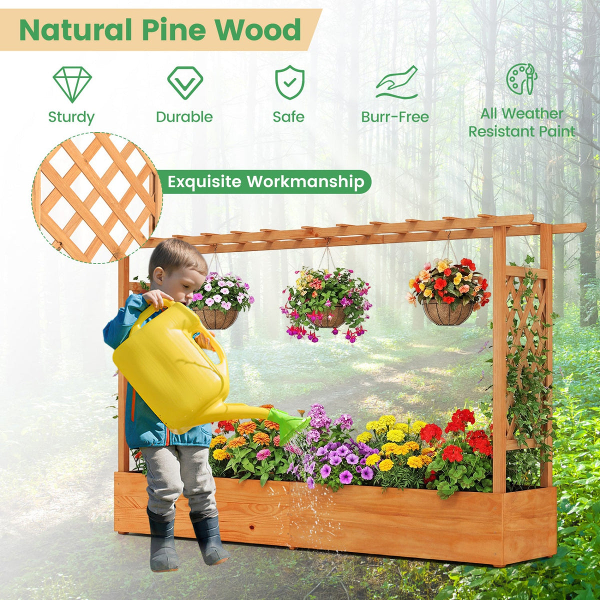 Wooden Raised Garden Bed with Trellis & Hanging Roof – Pine Wood Planter Box