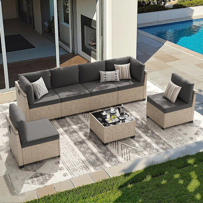 7-Piece Patio Furniture Set, Outdoor Rattan Sectional Sofa with Tempered Glass Table