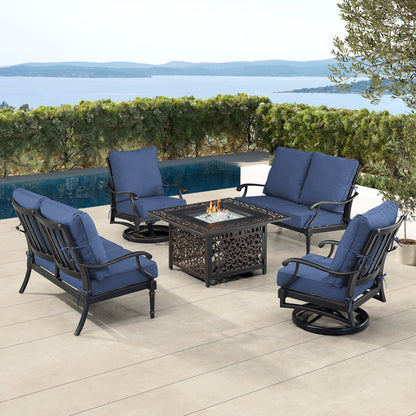 Black Aluminum Fire Table Set with Two Loveseats and Two Club Chairs