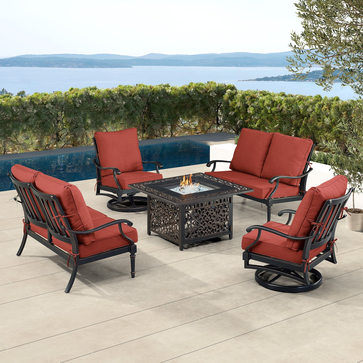 Black Aluminum Fire Table Set with Two Loveseats and Two Club Chairs