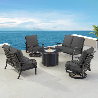 Black Aluminum Fire Table Set with Two Loveseats and Two Club Chairs