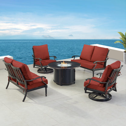 Black Aluminum Fire Table Set with Two Loveseats and Two Club Chairs
