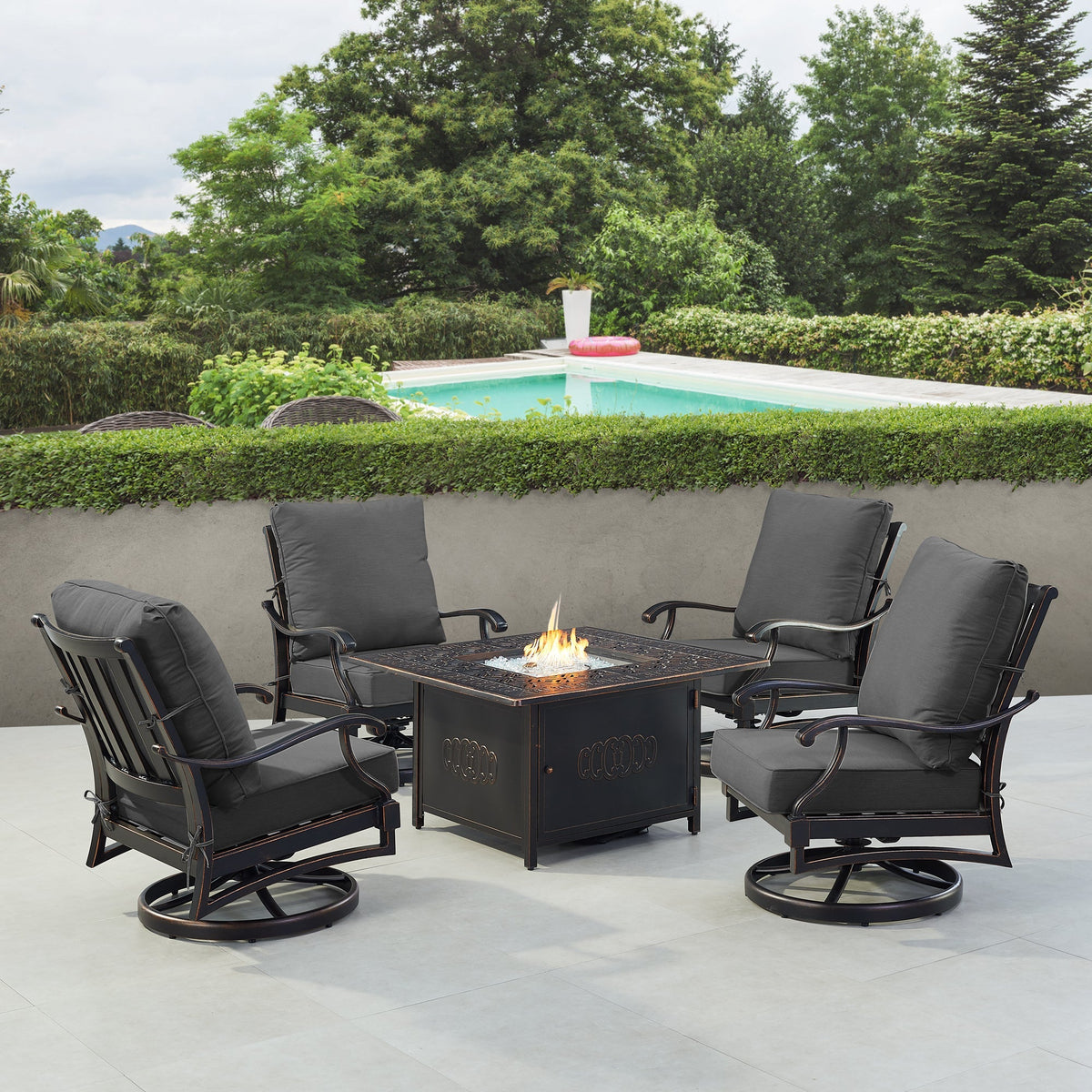 Black Aluminum Fire Table Set with Four Club Chairs