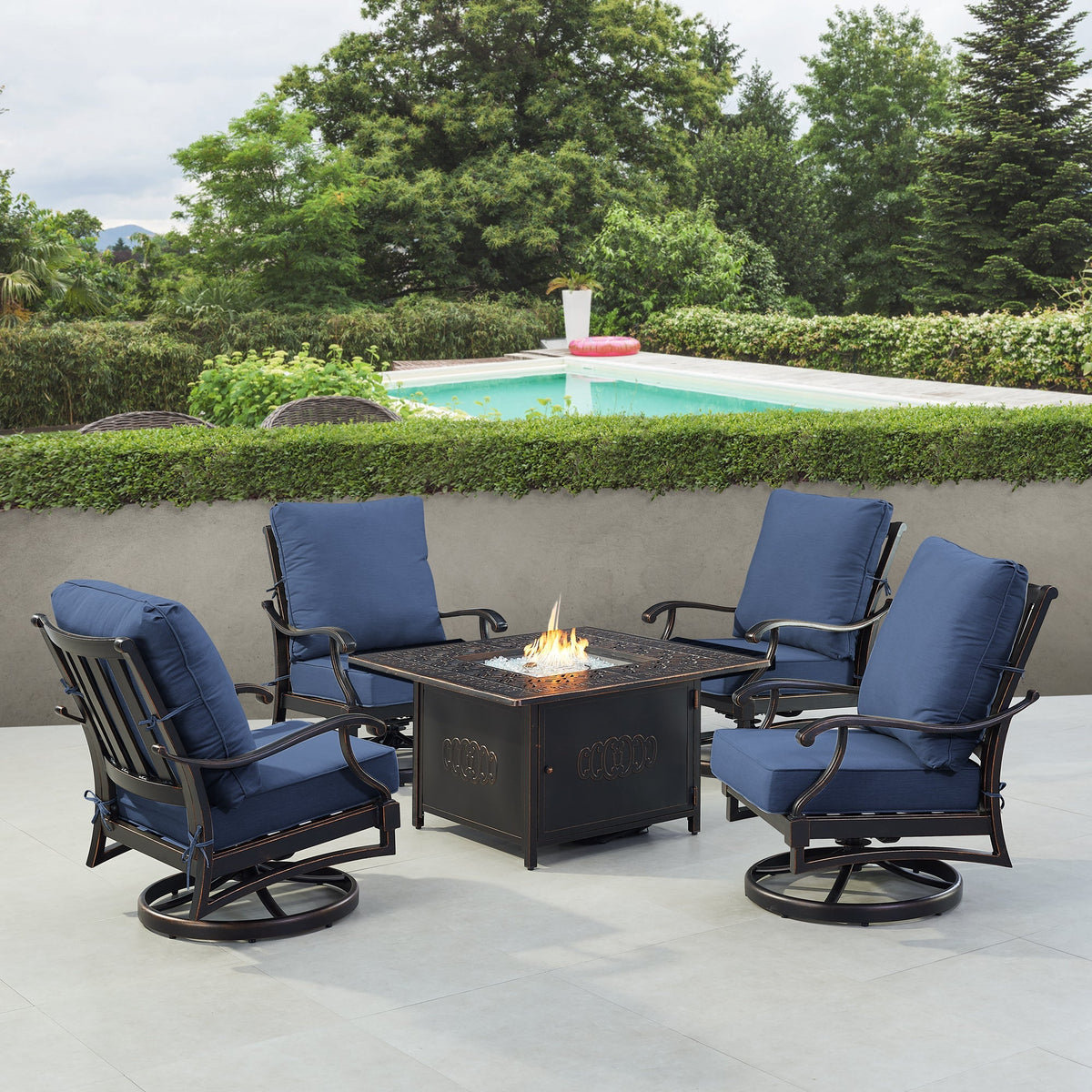 Black Aluminum Fire Table Set with Four Club Chairs