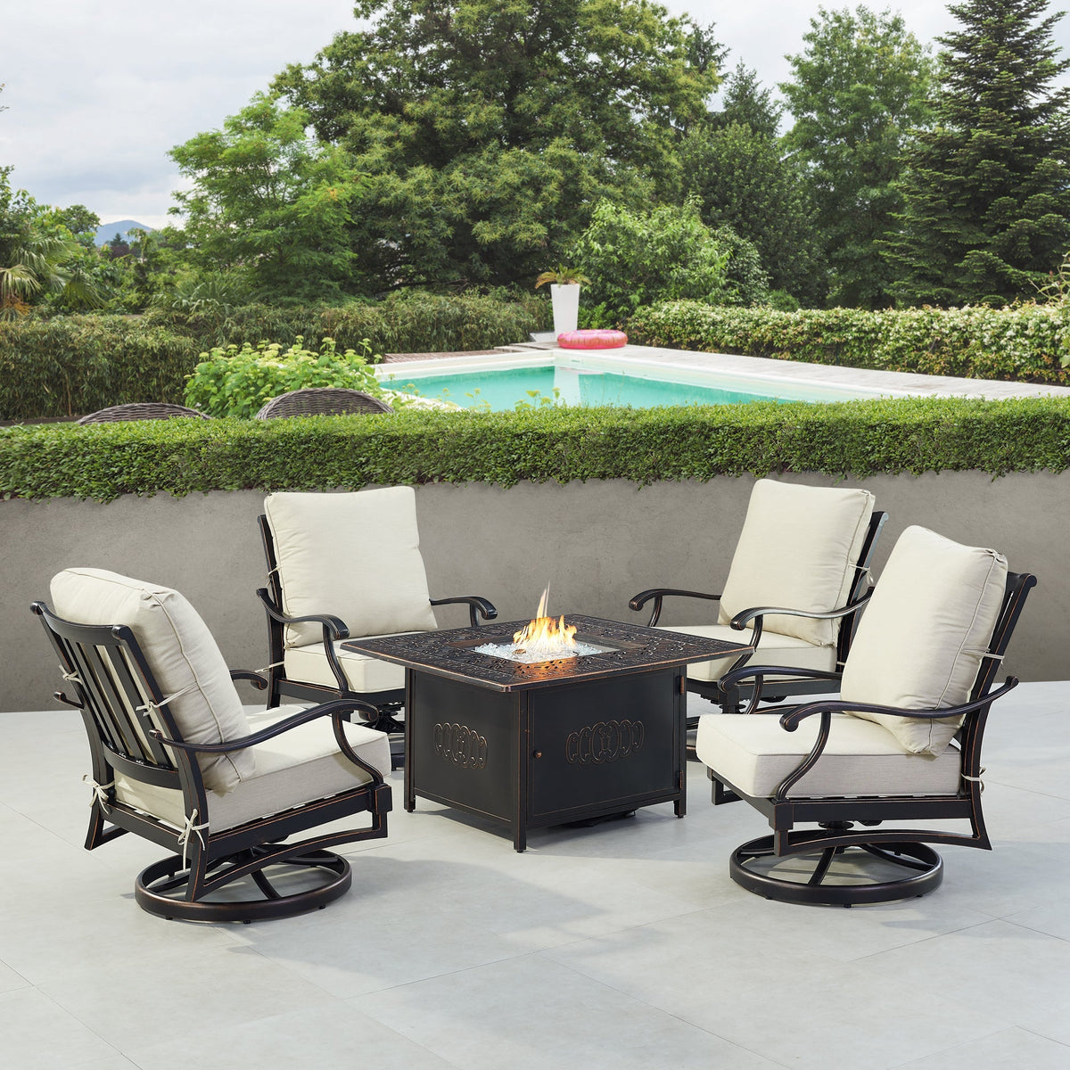 Black Aluminum Fire Table Set with Four Club Chairs