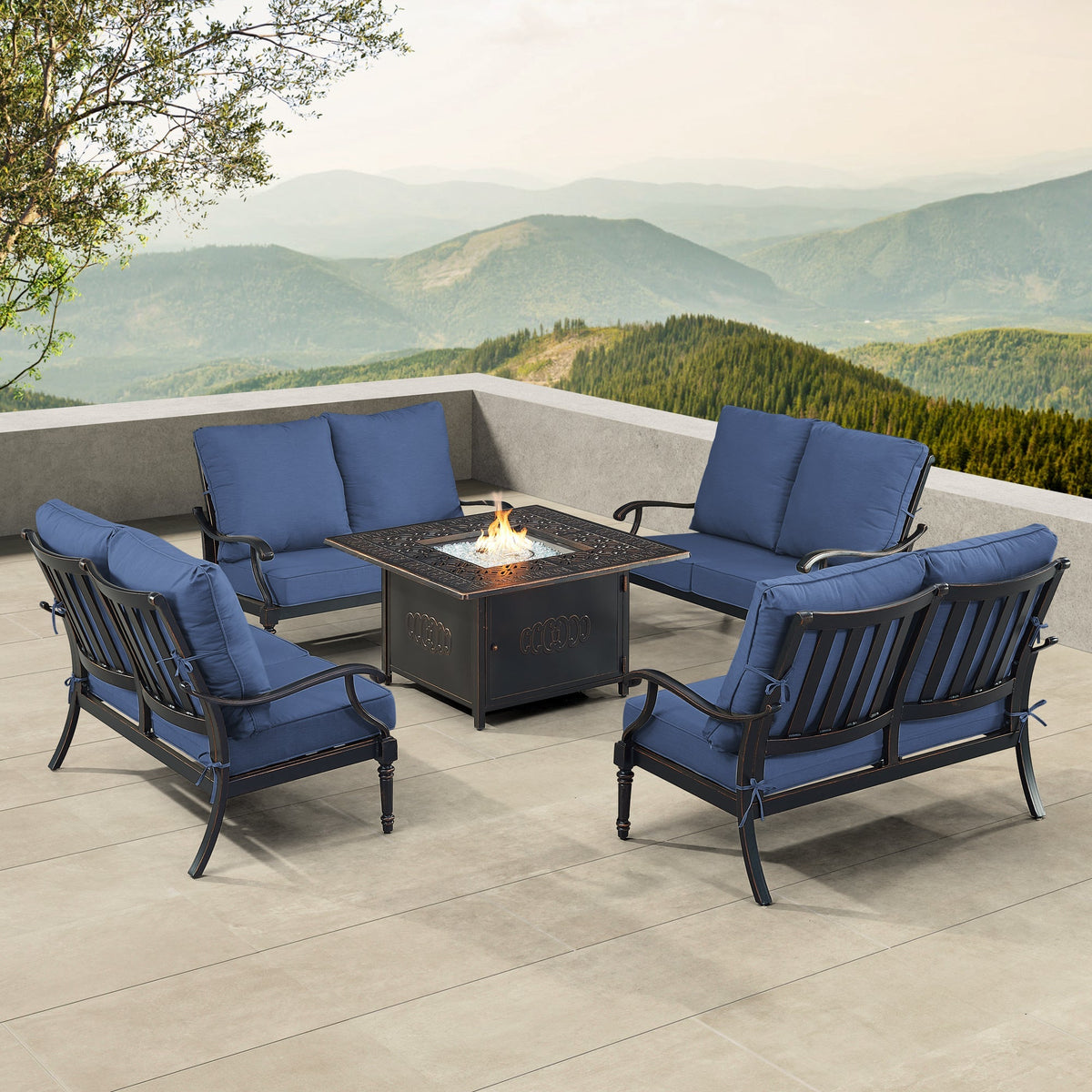 Black Aluminum Fire Table Set with Four Deep Seating Loveseats