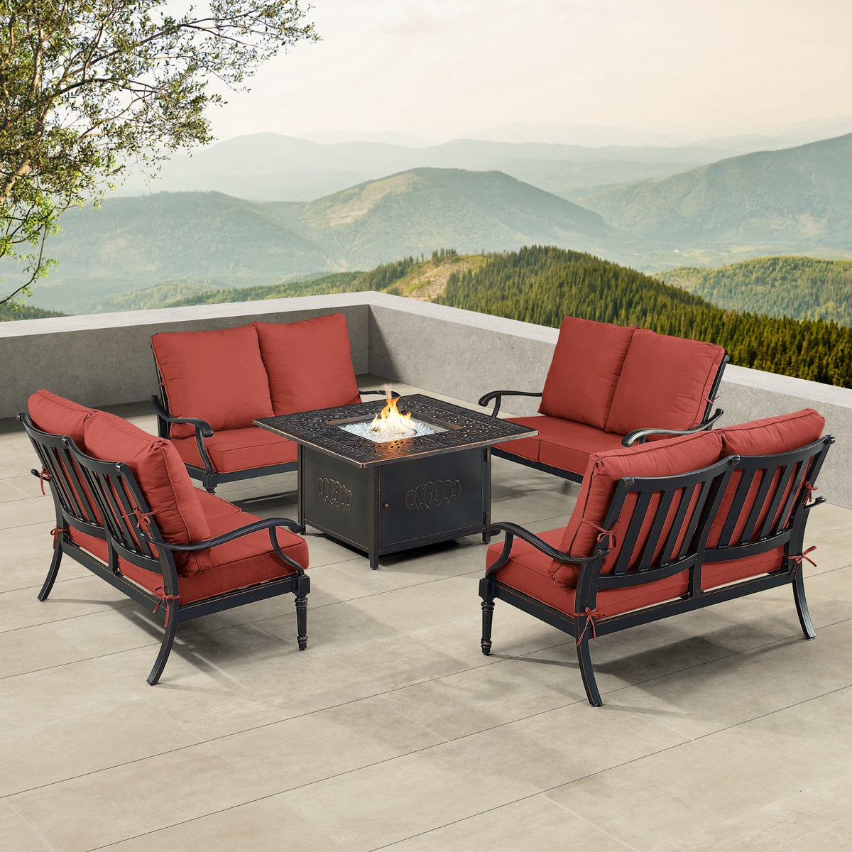 Black Aluminum Fire Table Set with Four Deep Seating Loveseats