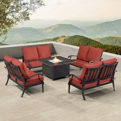 Black Aluminum Fire Table Set with Four Deep Seating Loveseats
