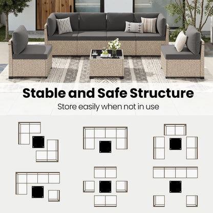 7-Piece Patio Furniture Set, Outdoor Rattan Sectional Sofa with Tempered Glass Table