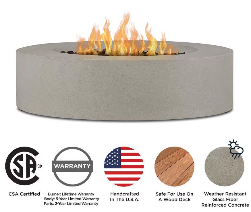 Brookhurst 43 In. W X 13 In. H round Outdoor GFRC Liquid Propane Fire Pit in Flint with Lava Rocks