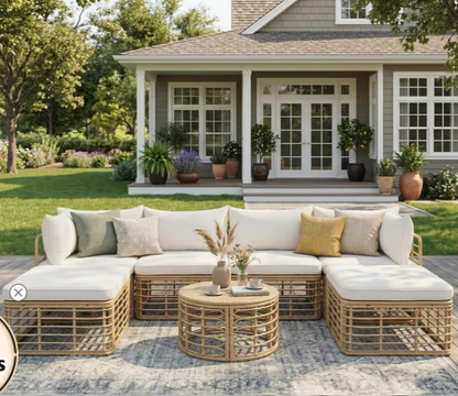 Outdoor Patio Furniture, All-Weather Rattan Sectional Sofa Set With Thick Cushions And Pillows-Beige