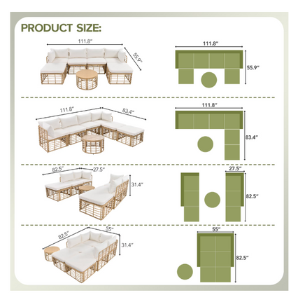 Outdoor Patio Furniture, All-Weather Rattan Sectional Sofa Set With Thick Cushions And Pillows-Beige