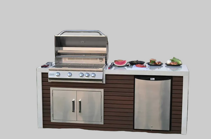 Kokomo Shiplap Outdoor Kitchen Island – 7’6" with 4-Burner Grill, Waterfall Edge, Fridge & Porcelain Countertop | LP or NG