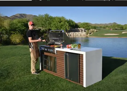Kokomo Shiplap Outdoor Kitchen Island – 7’6" with 4-Burner Grill, Waterfall Edge, Fridge & Porcelain Countertop | LP or NG