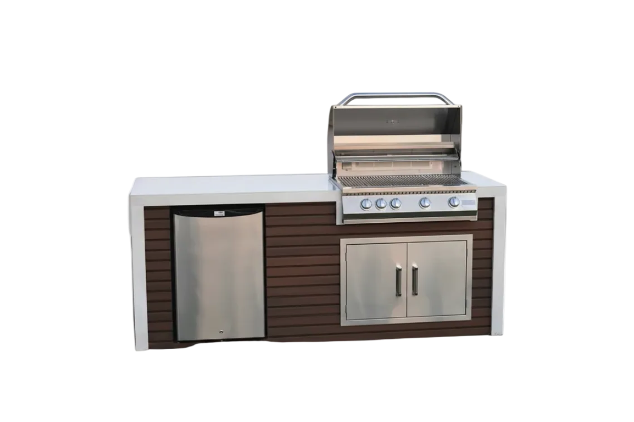 Kokomo Shiplap Outdoor Kitchen Island – 7’6" with 4-Burner Grill, Waterfall Edge, Fridge & Porcelain Countertop | LP or NG