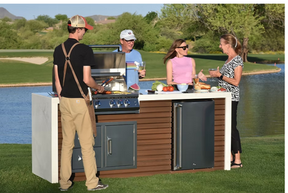 Kokomo Shiplap Outdoor Kitchen Island – 7’6" with 4-Burner Grill, Waterfall Edge, Fridge & Porcelain Countertop | LP or NG