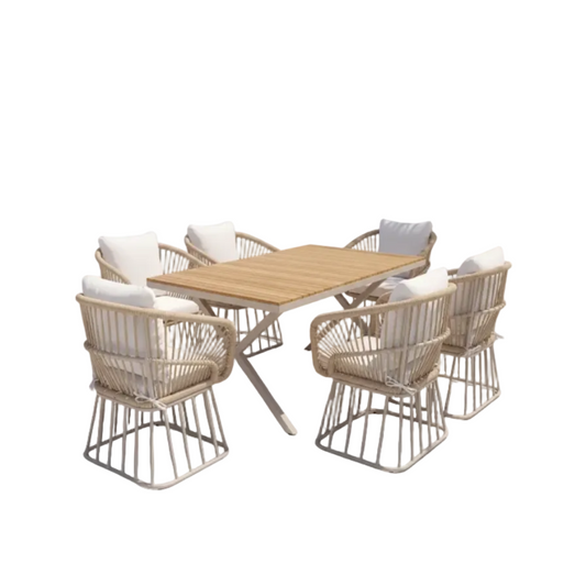Teak 7‑Piece Outdoor Dining Set — Wicker Armchairs with Beige Cushions & Modern Patio Table