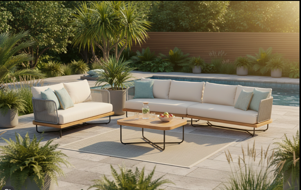 Lucca Acacia Wood Outdoor Conversation Set with Rope‑Woven Accents — 4‑Piece