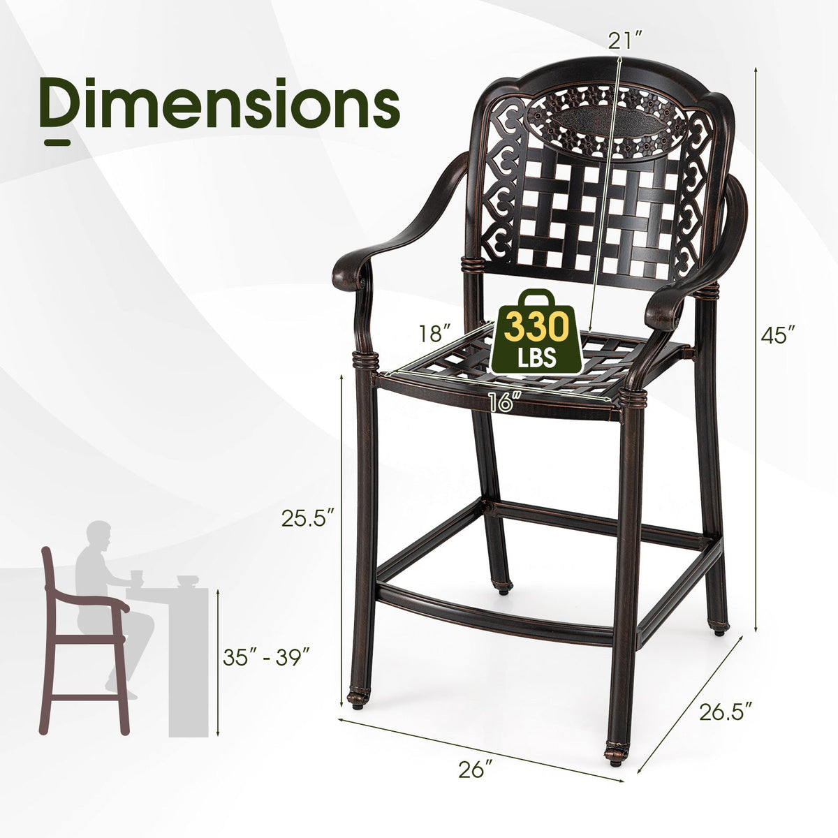 Set of 4 Outdoor Bar Stools — 25.5" Counter‑Height Cast Aluminum Bar Chairs (Copper Finish)