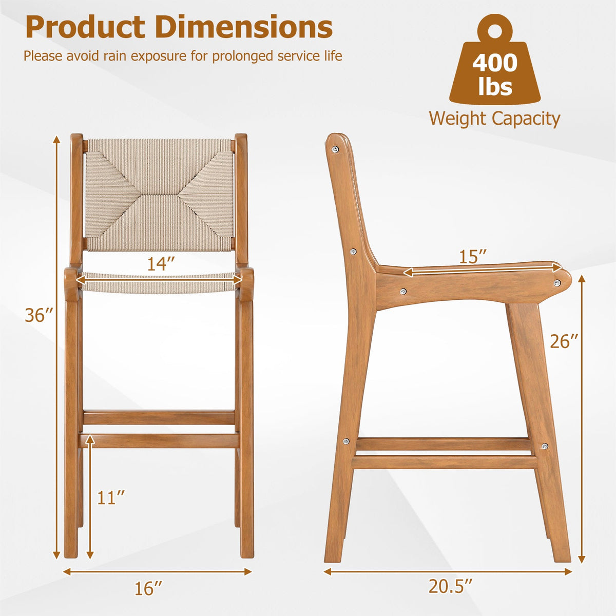 Outdoor Counter Bar Stool Set — Teak Wood & Woven Rope (4‑Piece)
