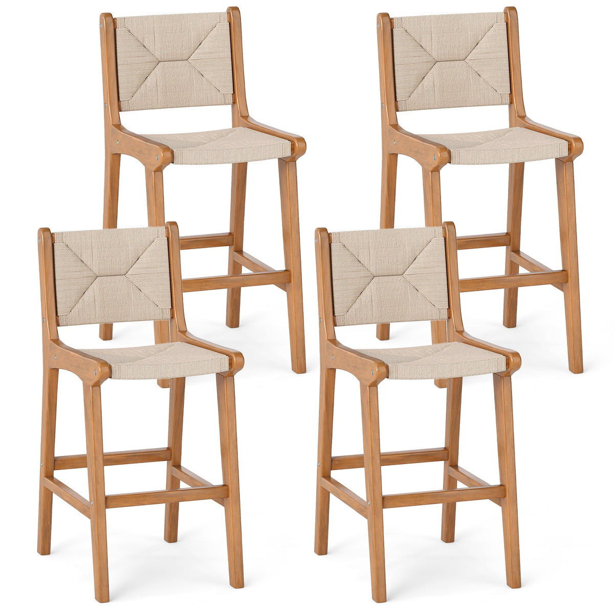 Outdoor Counter Bar Stool Set — Teak Wood & Woven Rope (4‑Piece)