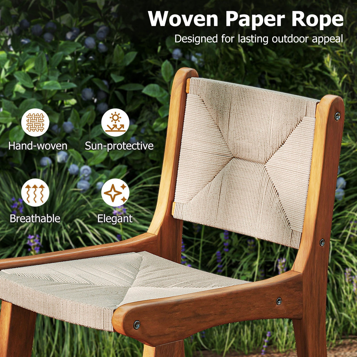 Outdoor Counter Bar Stool Set — Teak Wood & Woven Rope (4‑Piece)