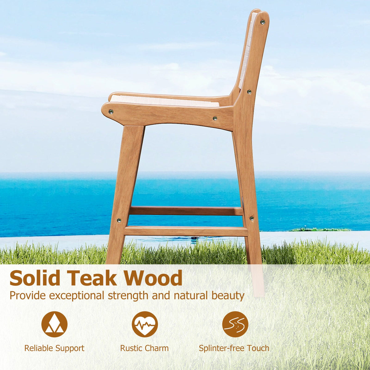 Outdoor Counter Bar Stool Set — Teak Wood & Woven Rope (4‑Piece)