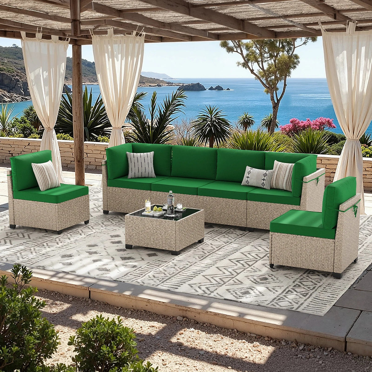 7-Piece Patio Furniture Set, Outdoor Rattan Sectional Sofa with Tempered Glass Table