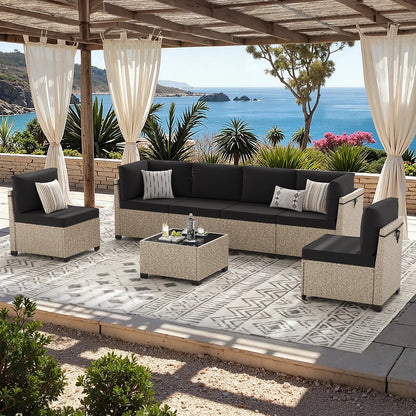 7-Piece Patio Furniture Set, Outdoor Rattan Sectional Sofa with Tempered Glass Table