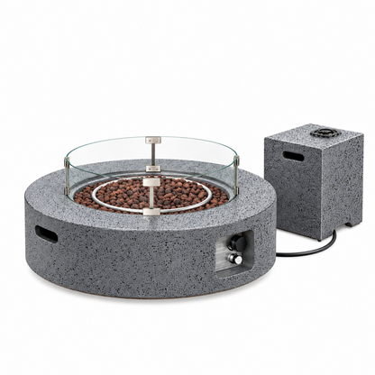 COSIEST 41 inch Outdoor Propane Fire Pit Coffee Table w Concrete Round Base Patio Heater, CSA Certified, 50,000 BTU Stainless Steel Burner, Free Lava Rocks, Rain Cover, Wind Guard, Tank Cover, Gray