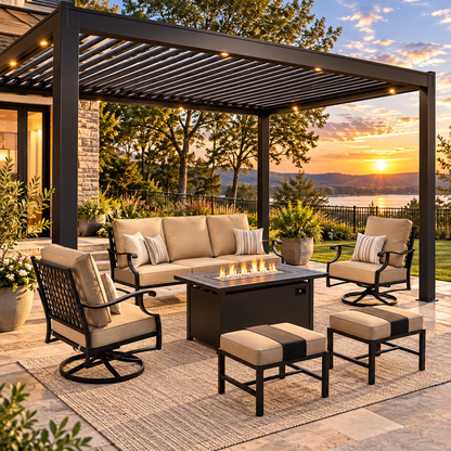Outdoor Fire Pit Seating Set with Sofa, Swivel Chairs & Ottomans