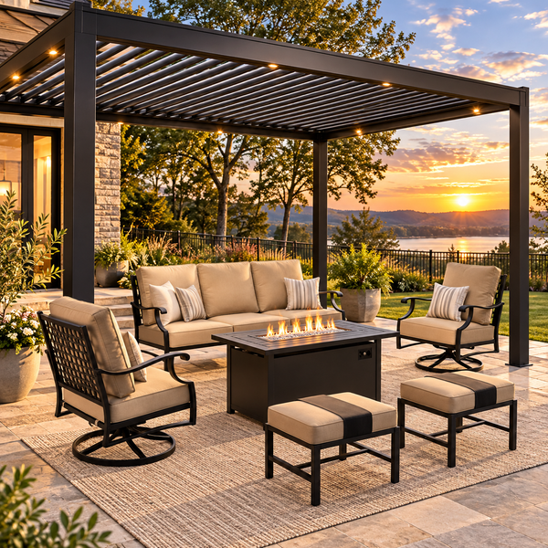 6-Piece Outdoor Fire Pit Seating Set with Sofa, Swivel Chairs & Ottomans