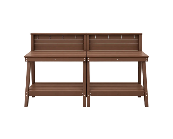 SERWALL Outdoor Potting Bench Set of 2 – All-Weather HDPE Garden Workstations with Storage Shelves & Hooks – Brown
