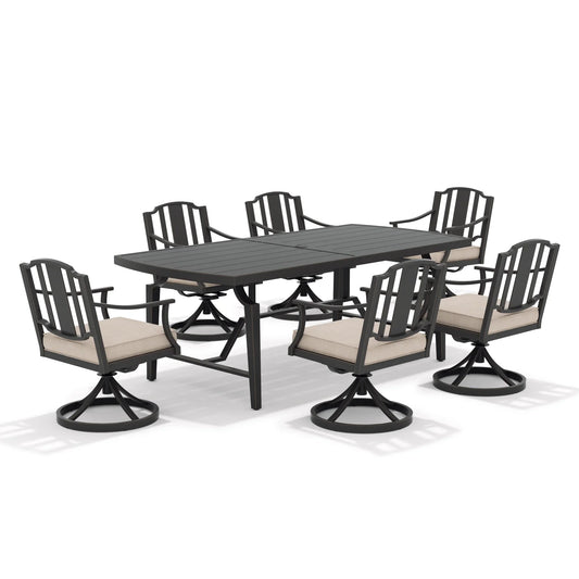 Tamarin Aluminum Patio Rectangular Dining Table and 6 Dining Swivel Chair