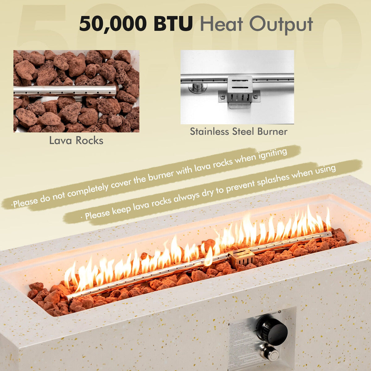 42" White Terrazzo Propane Fire Pit Table – 50,000 BTU with PVC Cover