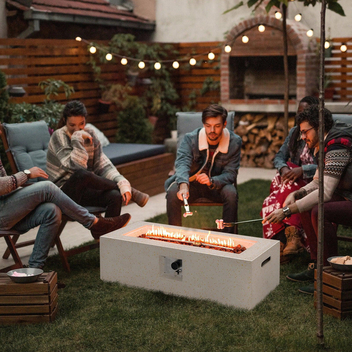 42" White Terrazzo Propane Fire Pit Table – 50,000 BTU with PVC Cover