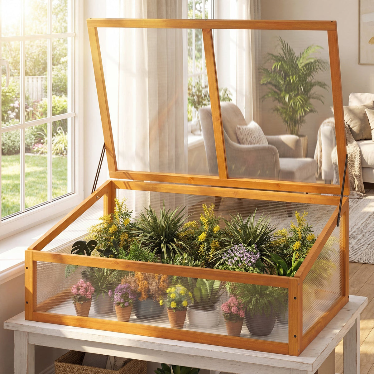 Wood Cold Frame Greenhouse – Fir Wood Raised Garden Bed Cover with Adjustable Polycarbonate Roof